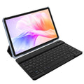 10-inch Android tablet with a clear protective case, black detachable keyboard, and vibrant abstract floral wallpaper.