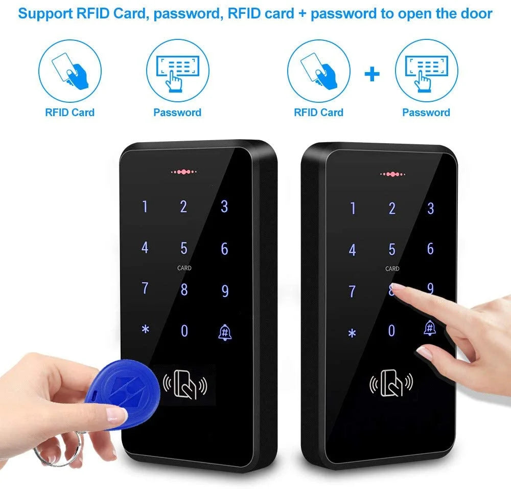 Black plastic door access keypad with RFID card reader, digital number pad, and touch-sensitive interface.