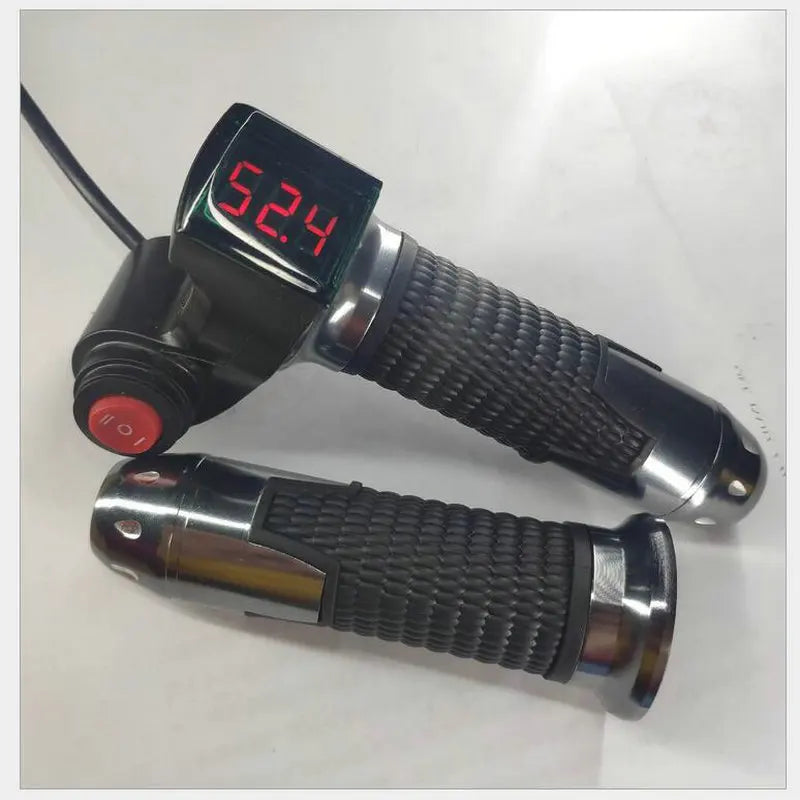 Black electric bike twist throttle set with textured grips, integrated digital voltage display, and a red power button.