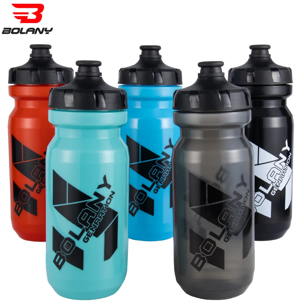 Five Bolany sports water bottles with black screw caps in red, teal, blue, translucent grey, and black.