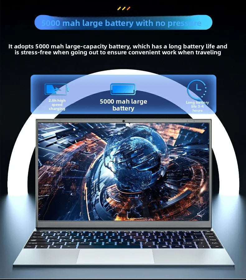 Sleek silver 14-inch laptop with a Full HD display and long-lasting 5000mAh battery for work and study.