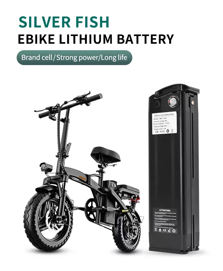 Black 48V 20Ah rectangular lithium e-bike battery with power indicator, shown next to a black folding electric bike.