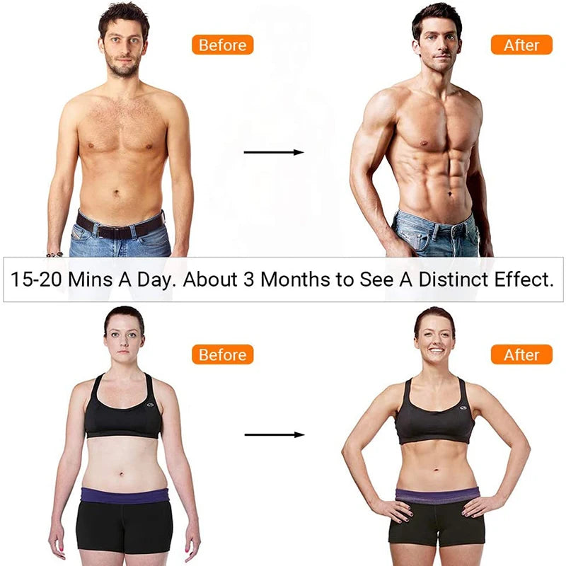Before and after photos of a man and woman demonstrating results from a wireless EMS muscle stimulator.