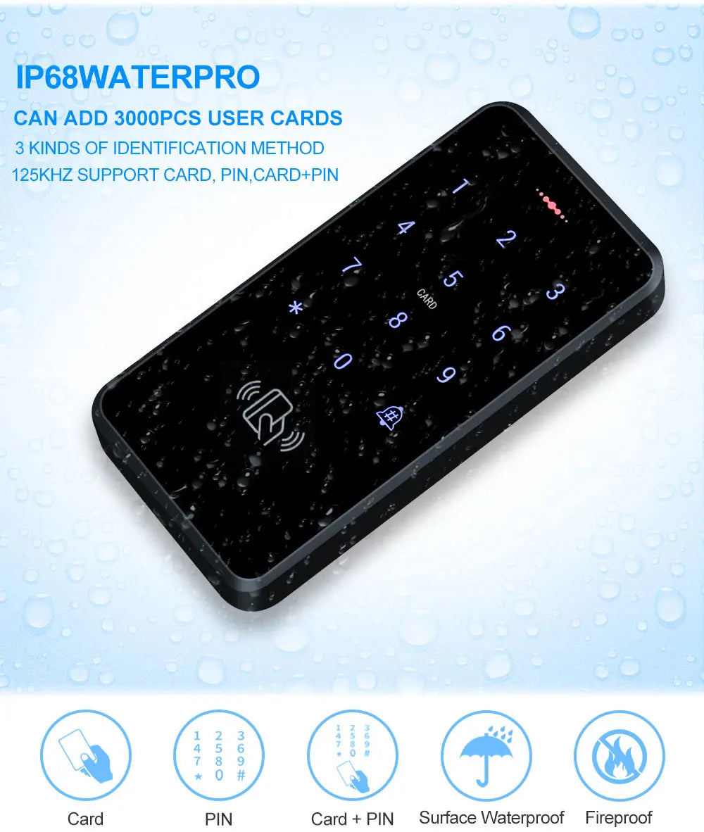 Black, waterproof, fireproof access control keypad with touchscreen numeric pad and card reader icon.