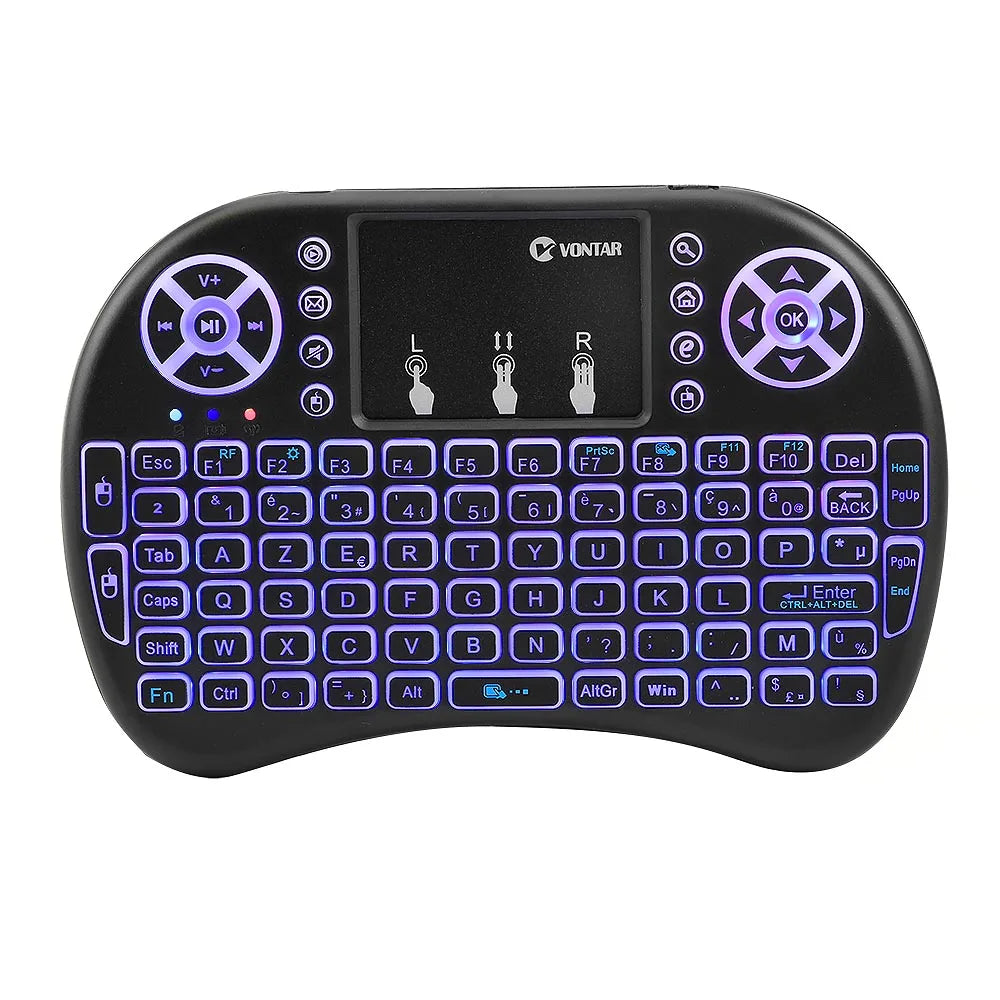 Black wireless mini keyboard with a central touchpad, purple backlit keys, and integrated directional navigation pads.