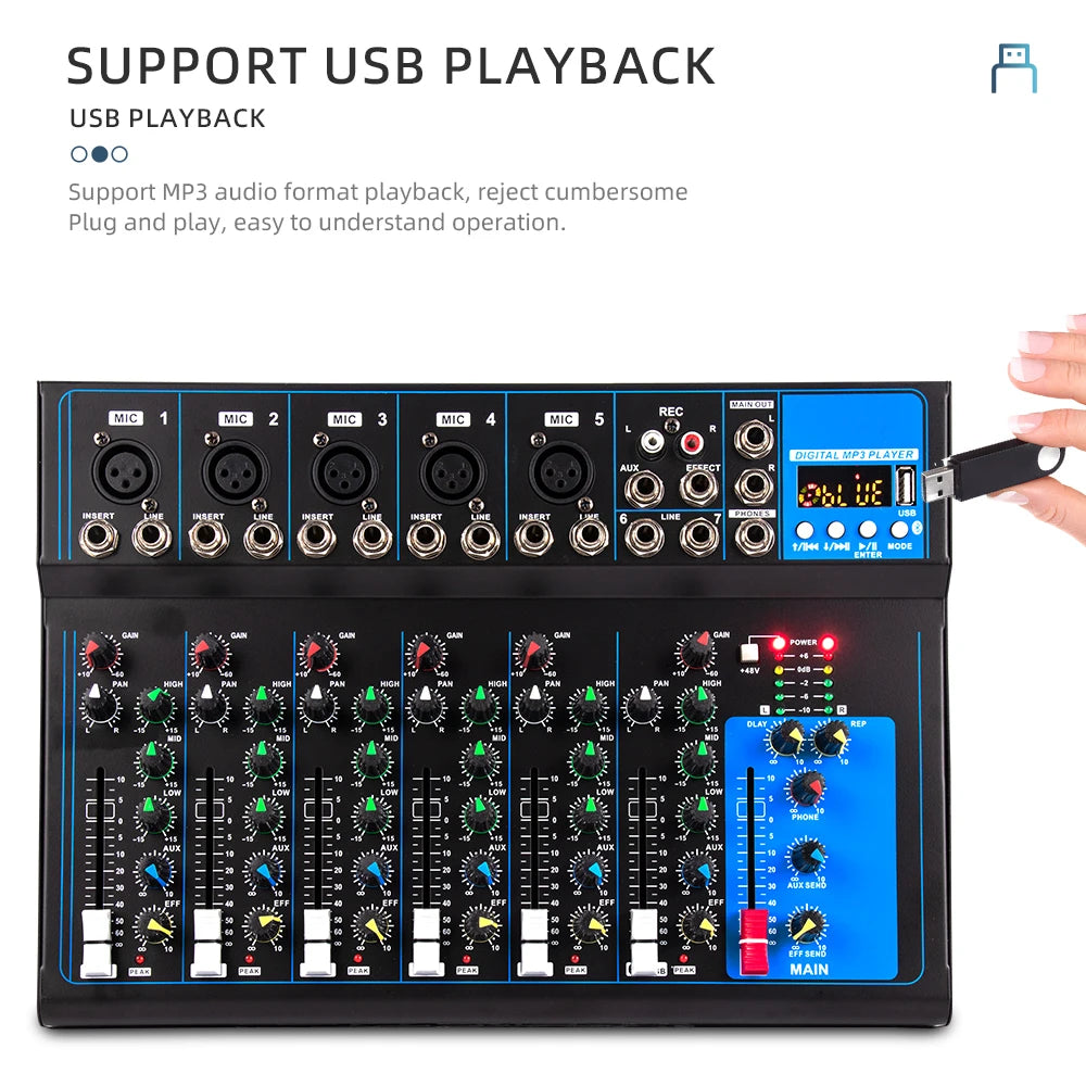 Black 7-channel DJ audio mixing console with blue accents, rotary knobs, and a USB port for digital playback.