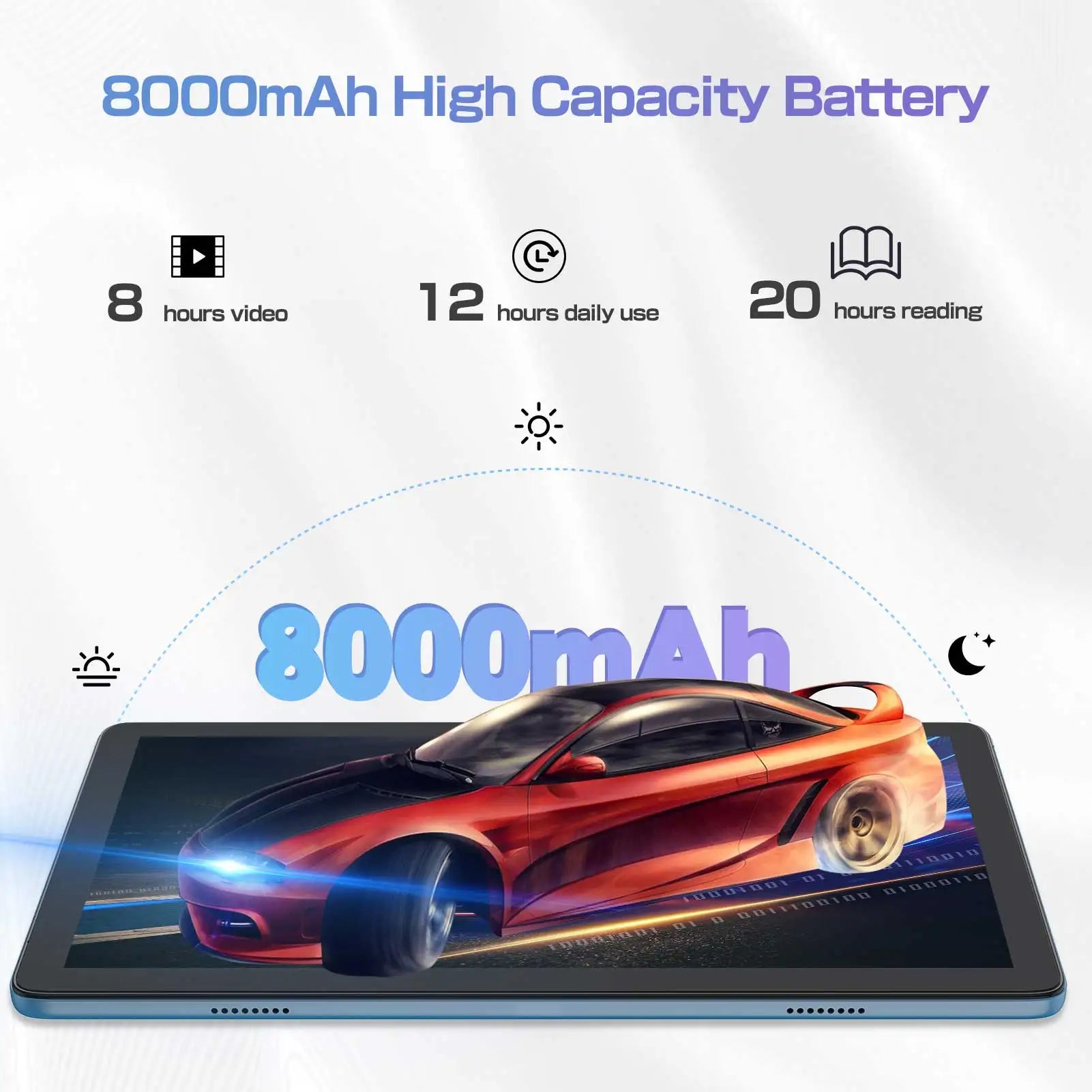10-inch Android tablet showing battery life specs: 8 hours video, 12 hours use, or 20 hours reading with 8000mAh.