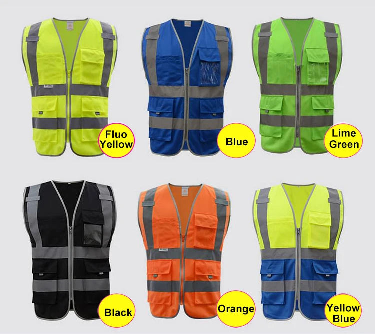 A selection of zip-front, multi-pocket hi-vis work vests with reflective strips, available in six colour variations.