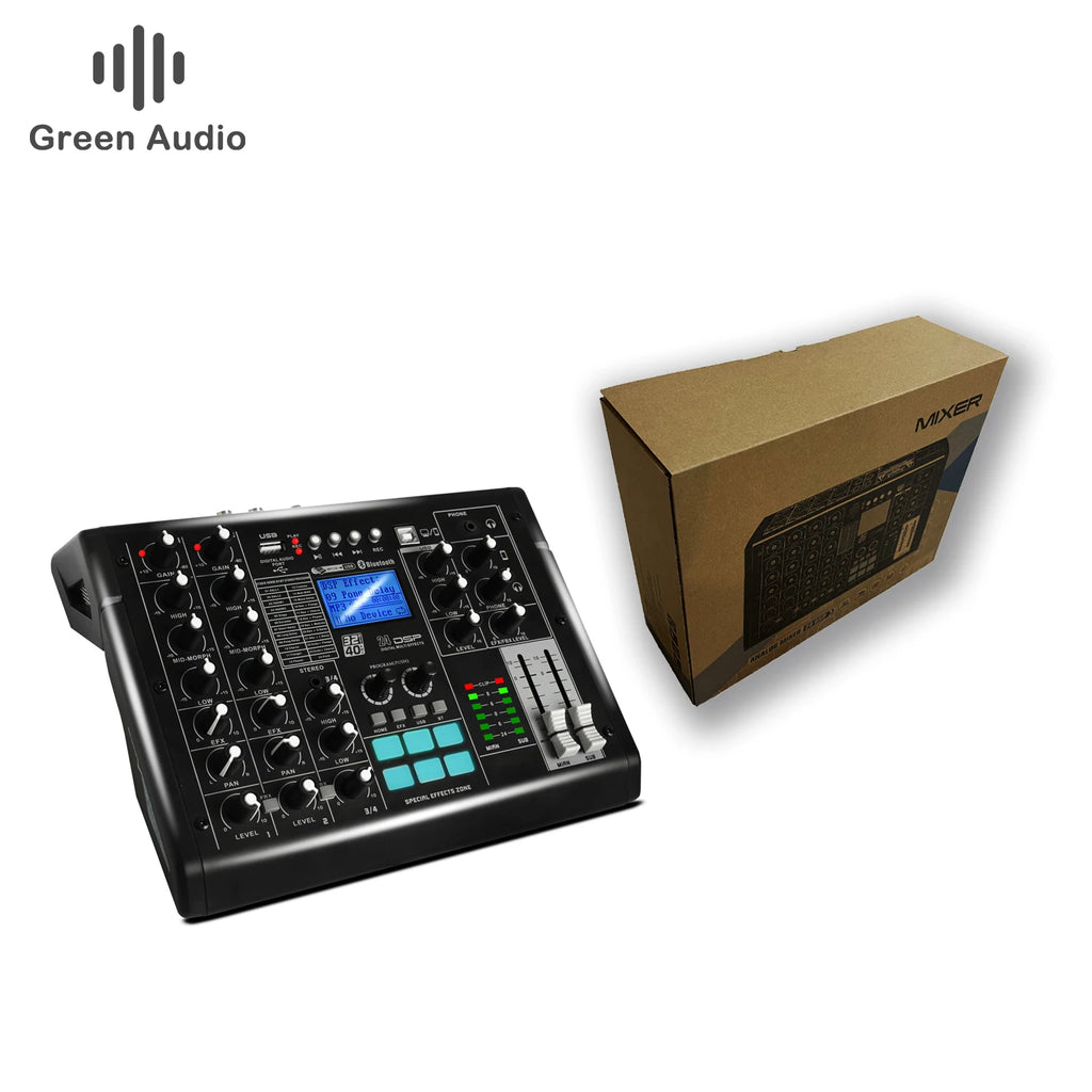 Black 4-channel audio mixer with a blue digital display, rotary control knobs, white faders, and its cardboard box.
