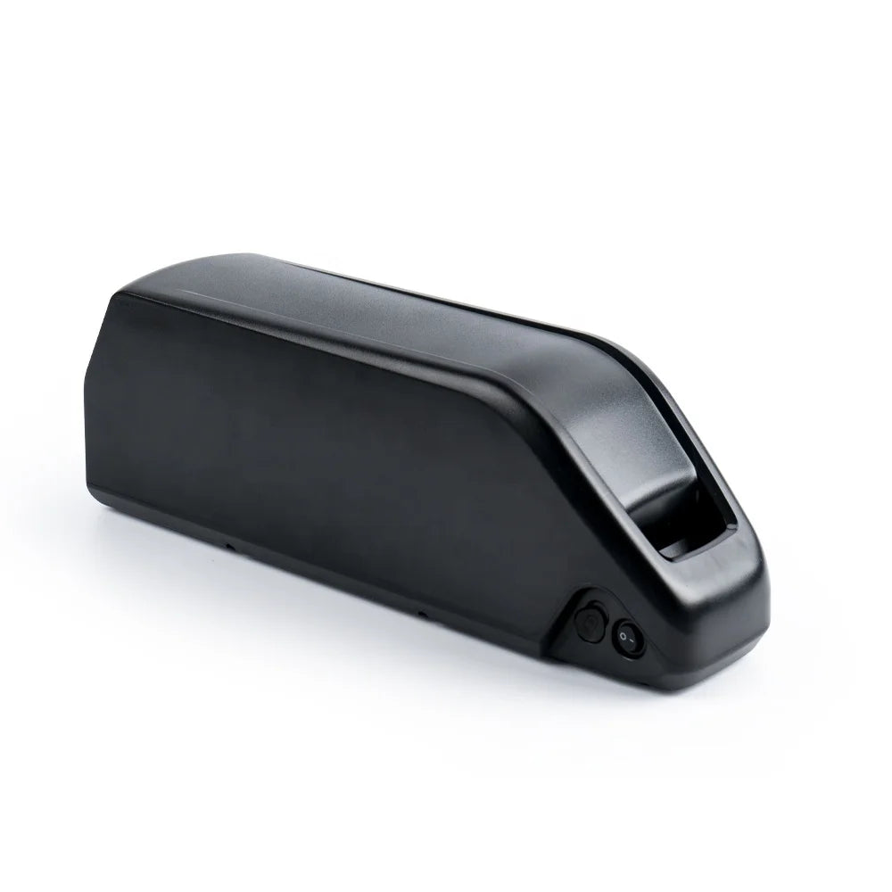 Black e-bike battery pack with a sleek, rectangular design and built-in power switch, isolated on a white background.