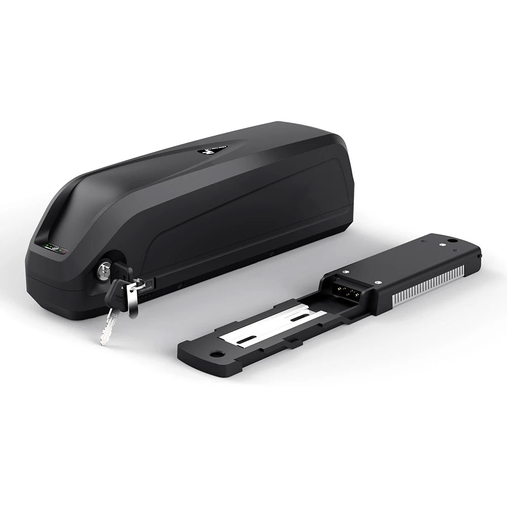 Black e-bike battery with integrated lock, key, and separate mounting base plate on a white background.