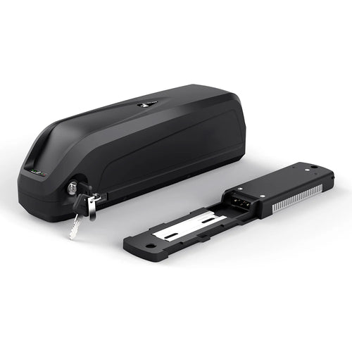 Black e-bike battery with integrated lock, key, and separate mounting base plate on a white background.