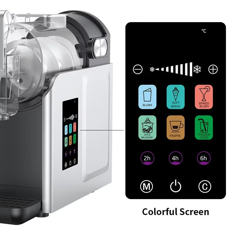 Silver frozen drink maker with a side-mounted black touchscreen panel featuring colorful icons for various drink modes.