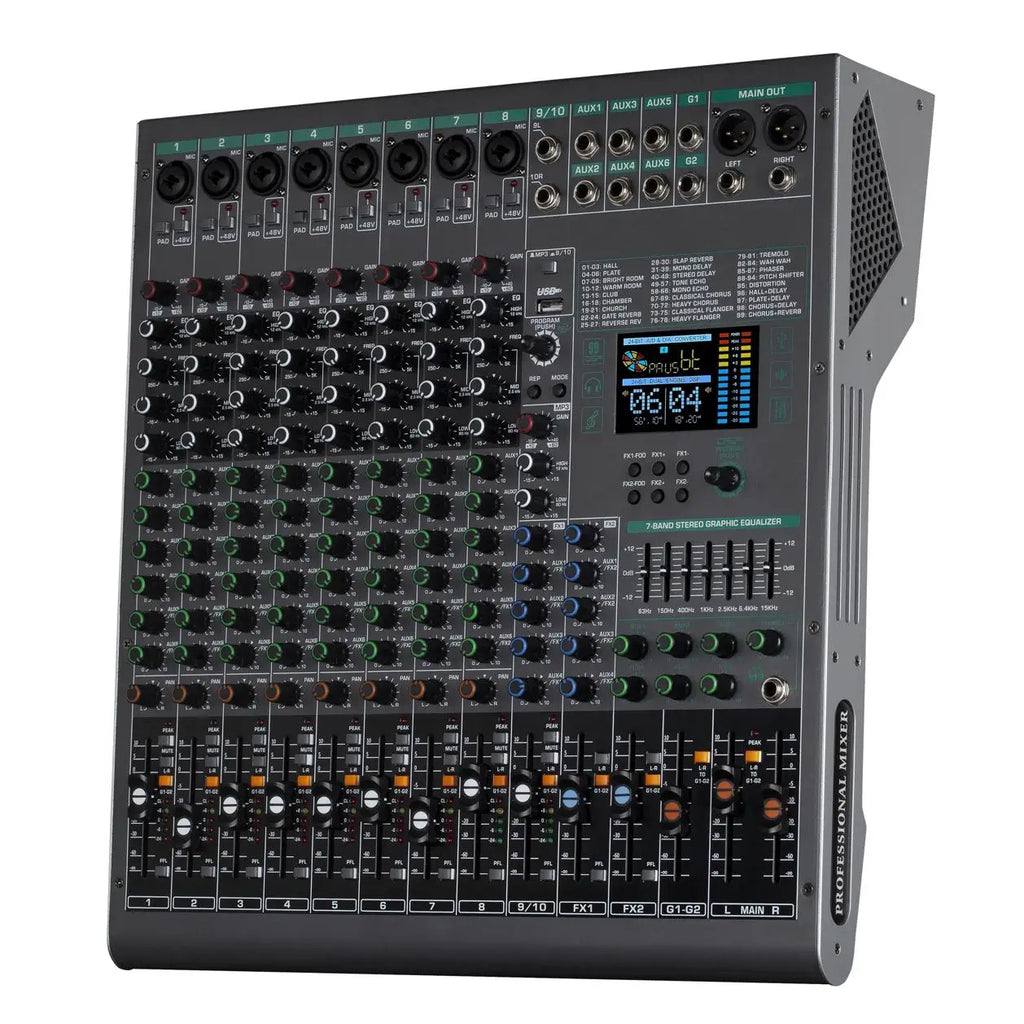 Grey 10-channel professional audio mixer featuring a digital display, numerous rotary knobs, sliders, and input ports.