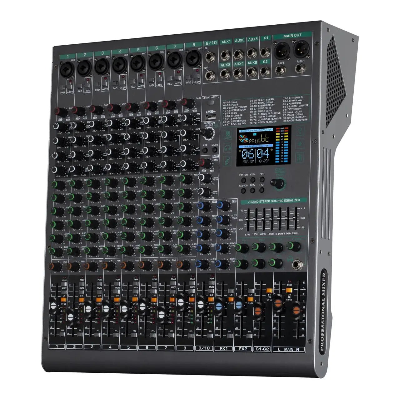 Grey 10-channel professional audio mixer featuring a digital display, numerous rotary knobs, sliders, and input ports.
