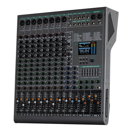 Grey 10-channel professional audio mixer featuring a digital display, numerous rotary knobs, sliders, and input ports.