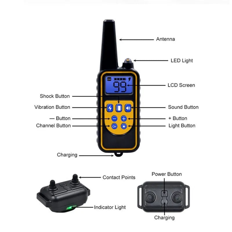 Black and yellow dog training collar remote with LCD screen, featuring sound, vibration, and shock control buttons.