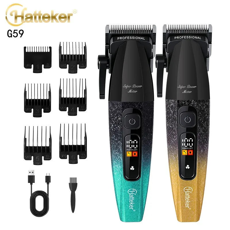 Two professional hair clippers in blue and gold ombre, with six guard attachments, USB cable, and cleaning brush.