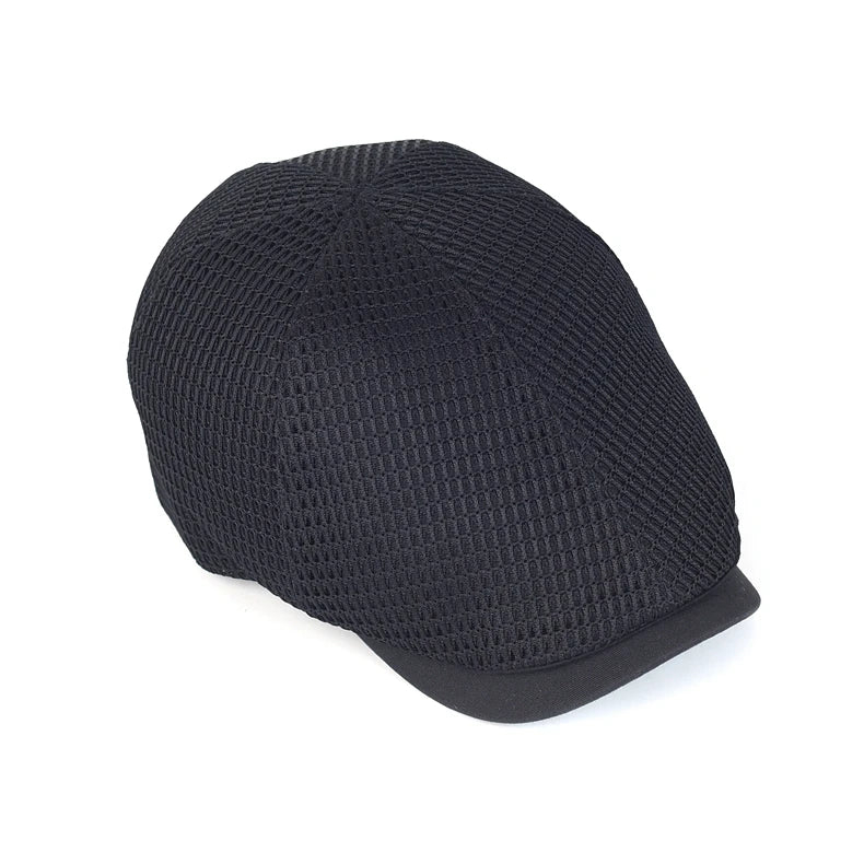 Unisex black flat cap featuring a lightweight, breathable mesh texture and a solid brim.