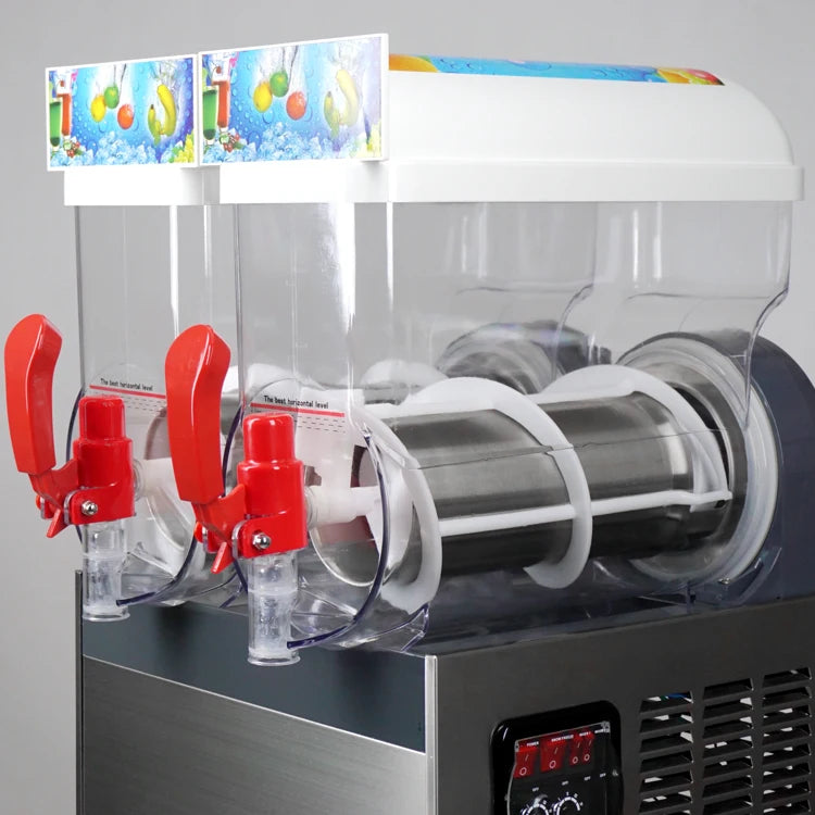 Commercial two-bowl slush machine with stainless steel base, clear tanks, and bright red dispensing handles.