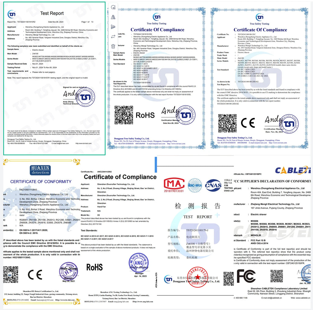 A selection of official safety test certificates and compliance documents for electrical products.