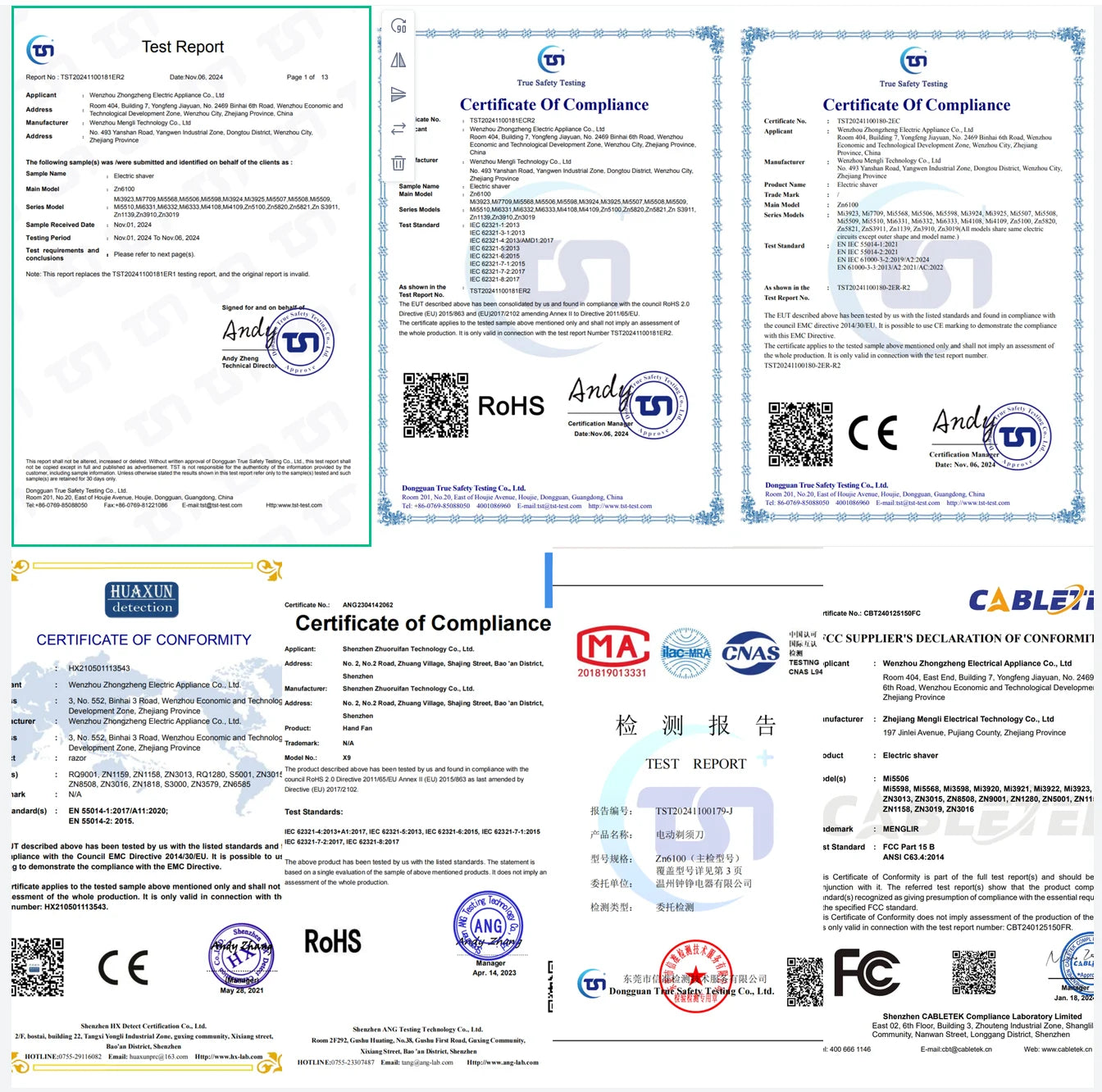 A selection of official safety test certificates and compliance documents for electrical products.