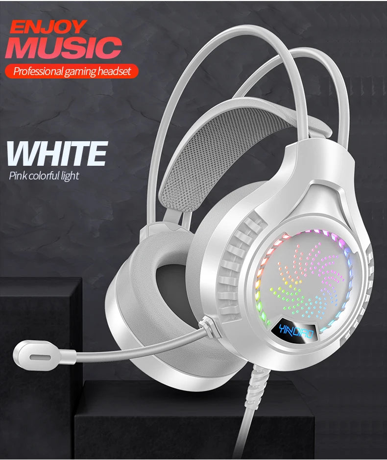 White over-ear gaming headset with RGB lighting, cushioned headband, and attached microphone.