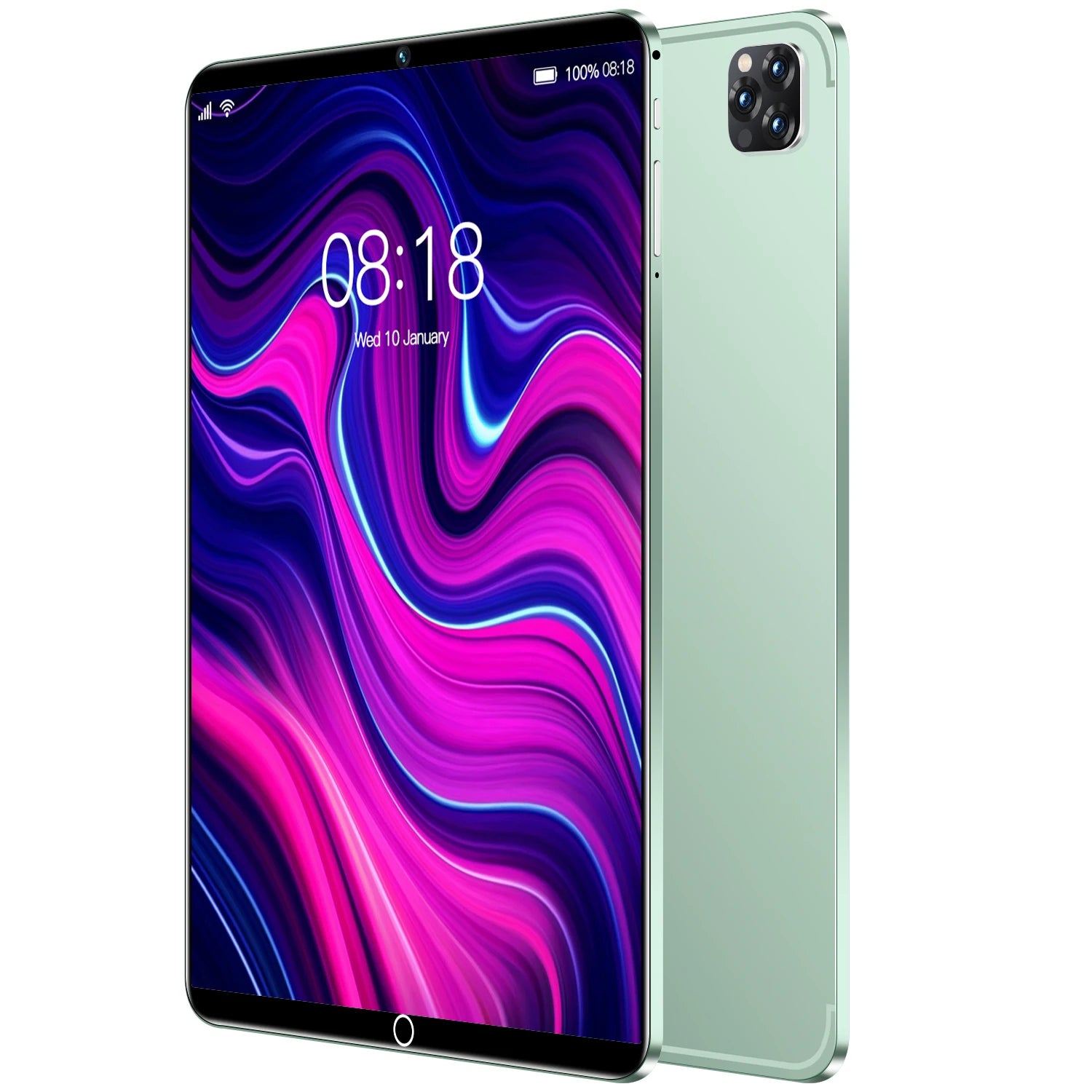 Slim light green 10.1-inch tablet with a vibrant abstract display and a rear camera module.