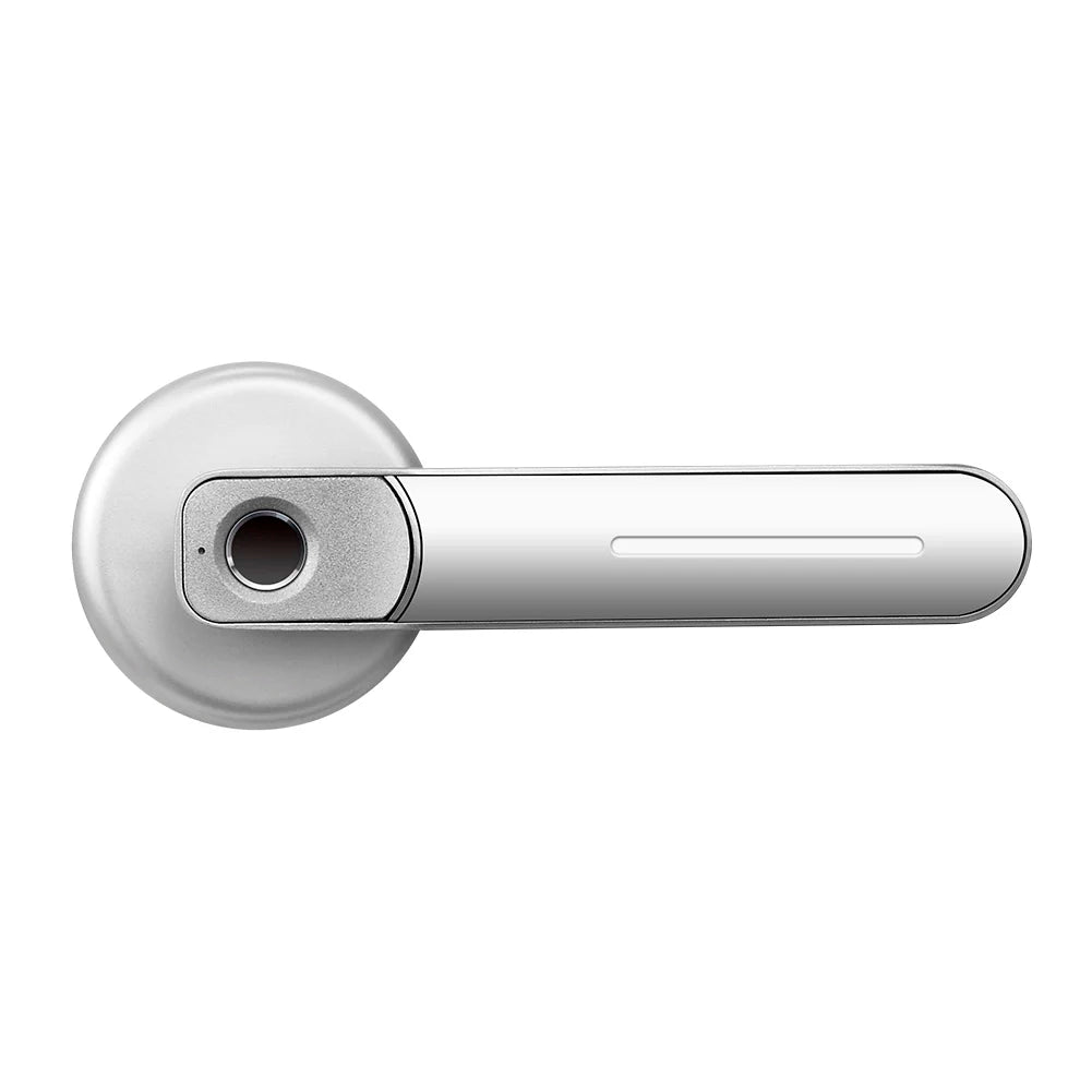 Silver metal smart door handle with a circular base and a built-in fingerprint scanner on the handle.