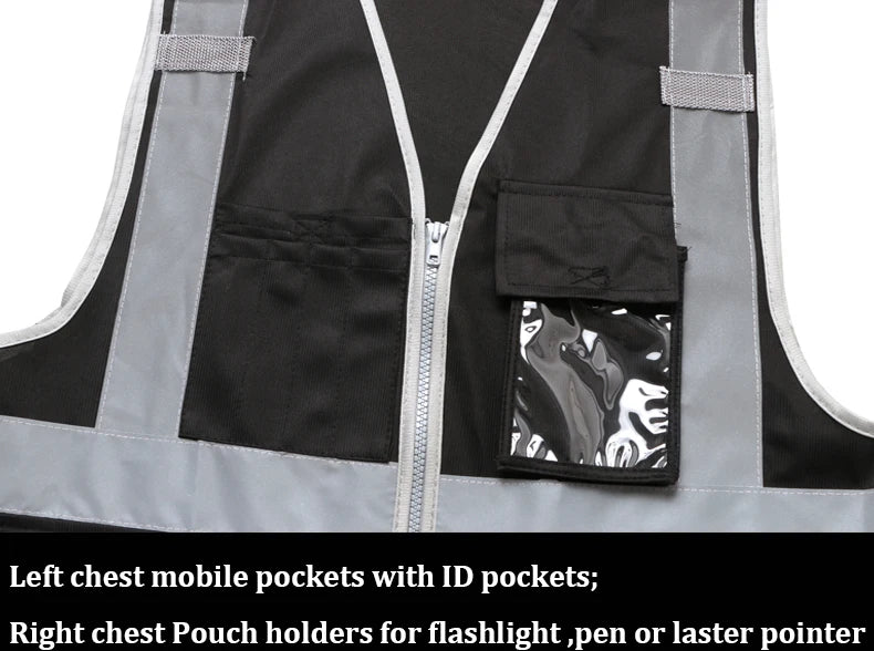 Black hi-vis safety vest with reflective stripes, zip front, and multiple chest pockets, including a clear ID holder.