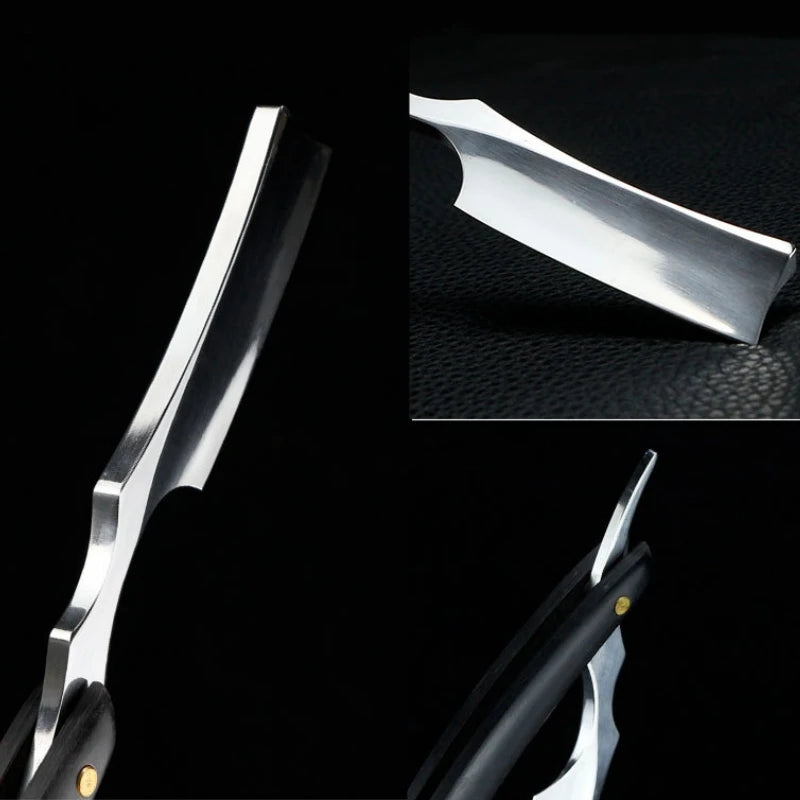 Professional stainless steel straight edge barber razor featuring a sleek silver blade and a classic black handle.