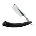 Professional stainless steel straight edge barber razor with a polished blade and a curved, textured black handle.