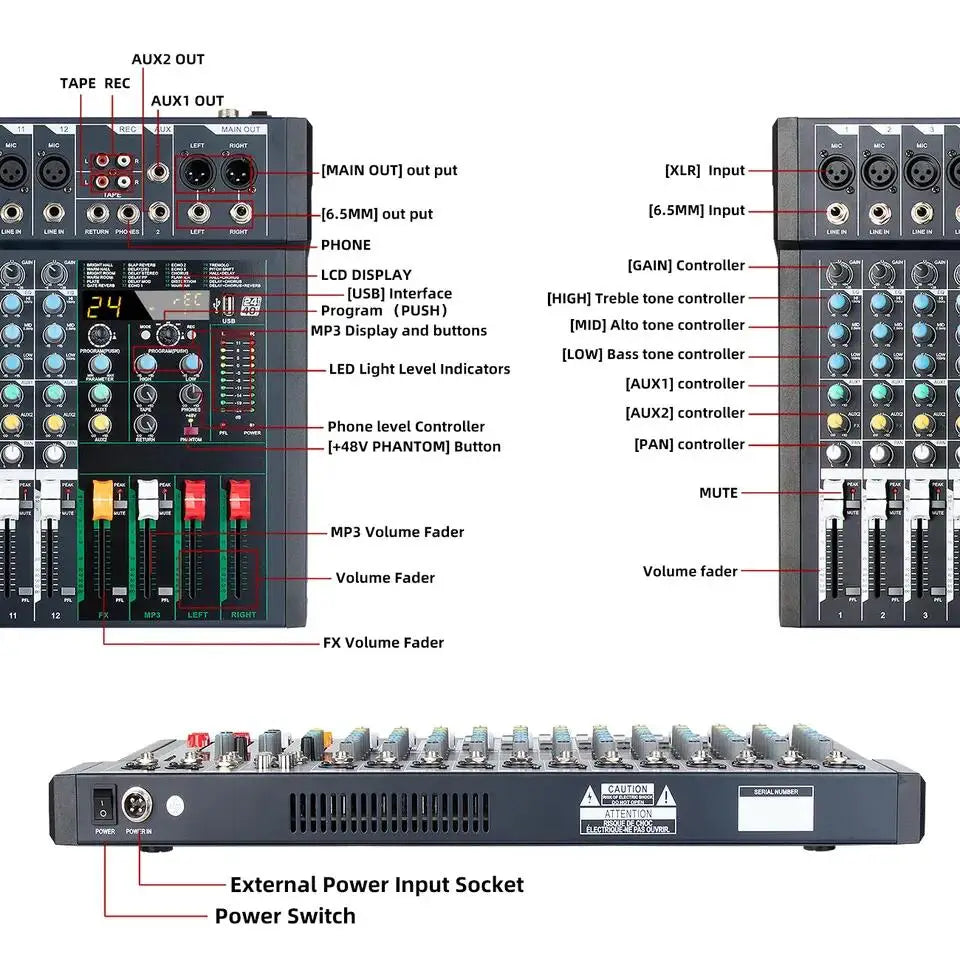 Black 12-channel audio mixer with detailed labels for inputs, volume faders, LCD display, and 24 built-in FX settings.
