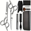 Professional hairdressing set including silver thinning and cutting scissors, combs, black cape, brush, and storage case.