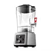 Silver kitchen blender with a clear pitcher, black control base, and a small red manual tap on the side.