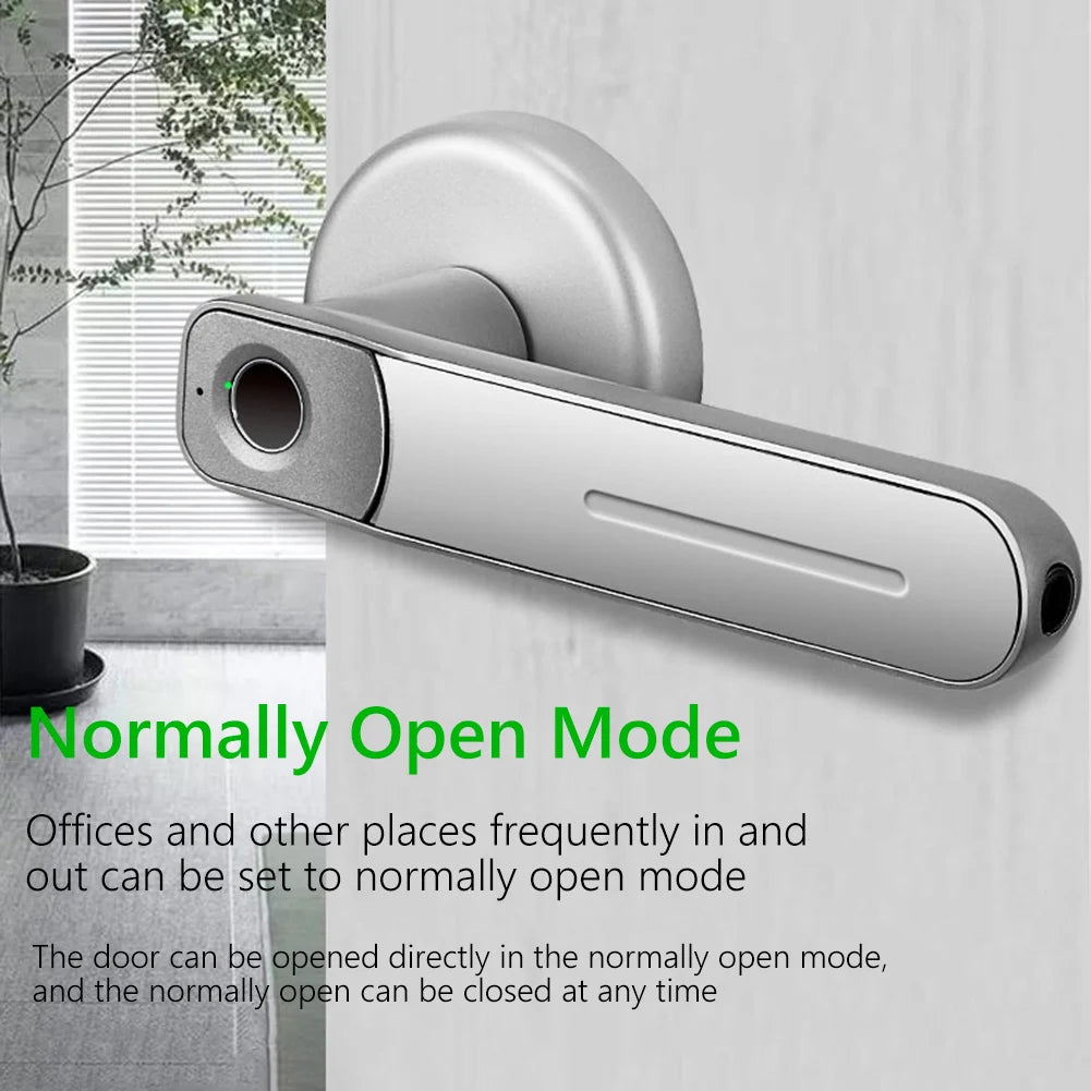 Silver metal smart door handle with a fingerprint scanner and indicator light installed on a white door.