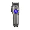 Gunmetal grey cordless hair clipper with a stainless steel blade and a central digital LED display.