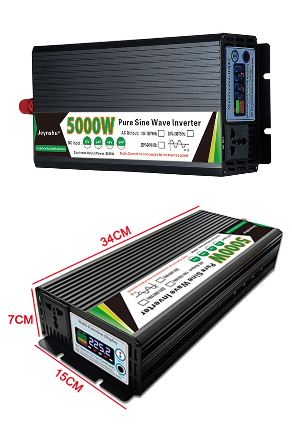 Black 5000W pure sine wave power inverter with digital display, AC outlet, and technical dimensions shown.
