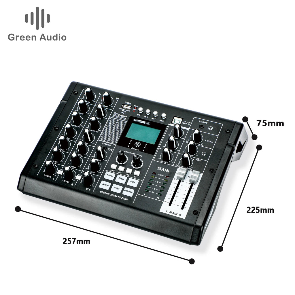 Black 4-channel professional audio mixer with rotary knobs, LED display, faders, and special effects buttons.
