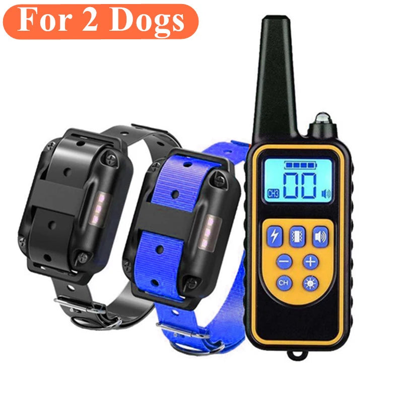Rechargeable dog training set for two dogs, with a black and blue collar pair and remote control with LCD screen.