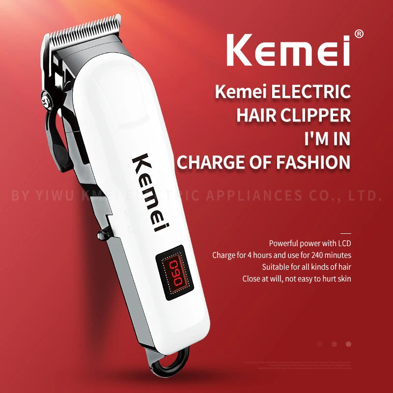 White rechargeable cordless hair clipper with a digital battery life display, set against a red background.