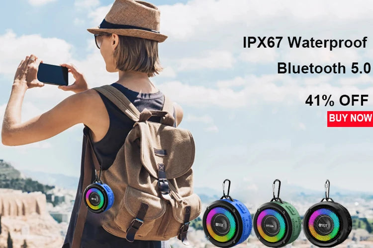 Portable, waterproof Bluetooth speakers with LED light rings, available in blue, green, and black with a carry clip.
