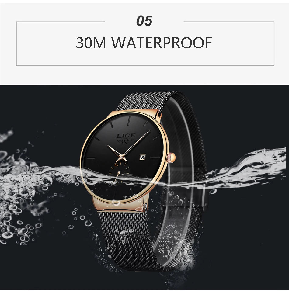 Elegant ultra-thin women's quartz watch with a black mesh strap, gold case, black dial, and 30m water resistance.