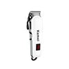 Sleek white cordless hair clipper with a stainless steel blade, side adjustment lever, and power switch.
