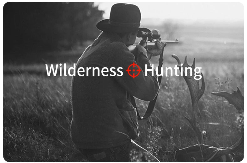 Black and white image of a hunter in a wool jacket and felt hat aiming a rifle with a scope in a field.