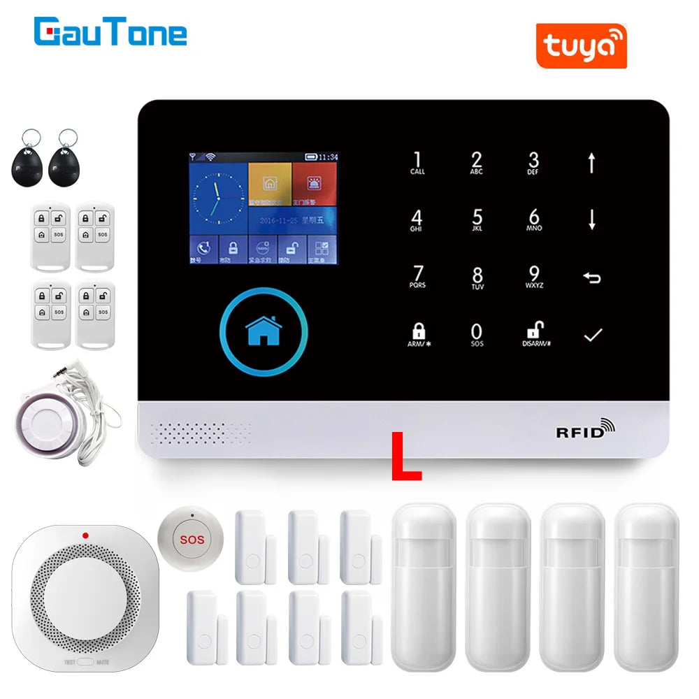 Smart home alarm kit with black and white touchscreen console, motion sensors, key fobs, and door contact magnets.
