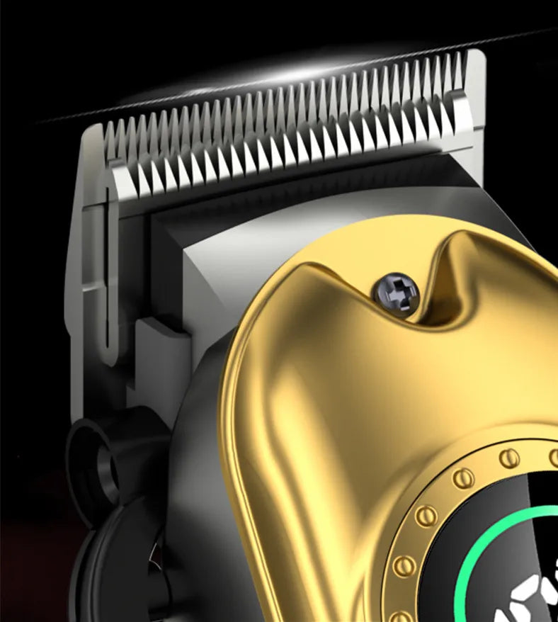 Close-up of a professional electric hair clipper featuring a sleek gold and black design with precision metal blades.