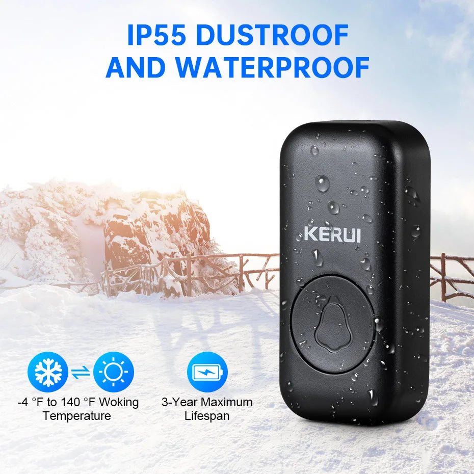 Black, rectangular plastic wireless doorbell button with a bell icon, rated IP55 for water and dust resistance.
