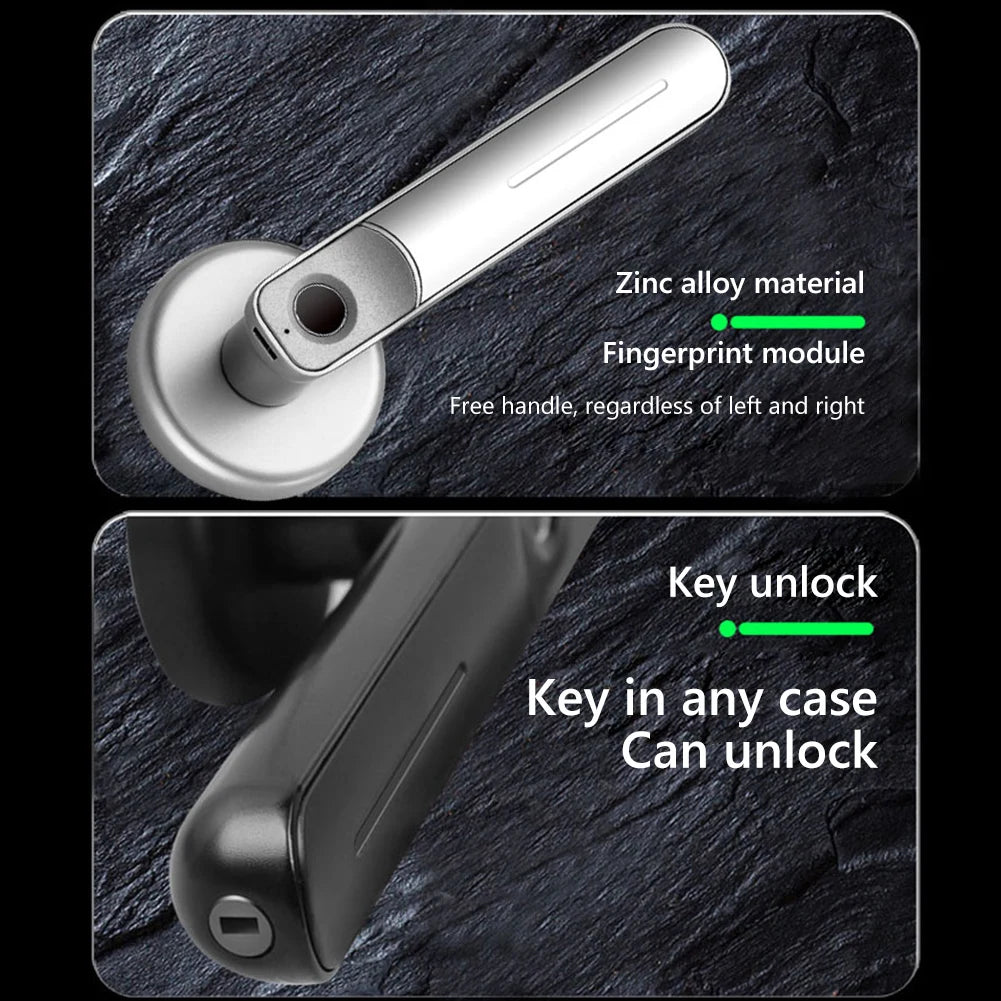 Silver zinc alloy door handle with a fingerprint scanner and a physical key lock hole for manual unlocking.