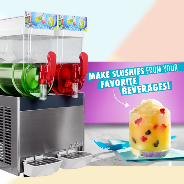 Stainless steel commercial 2-bowl slush machine with green and red drink chambers and red dispensing handles.